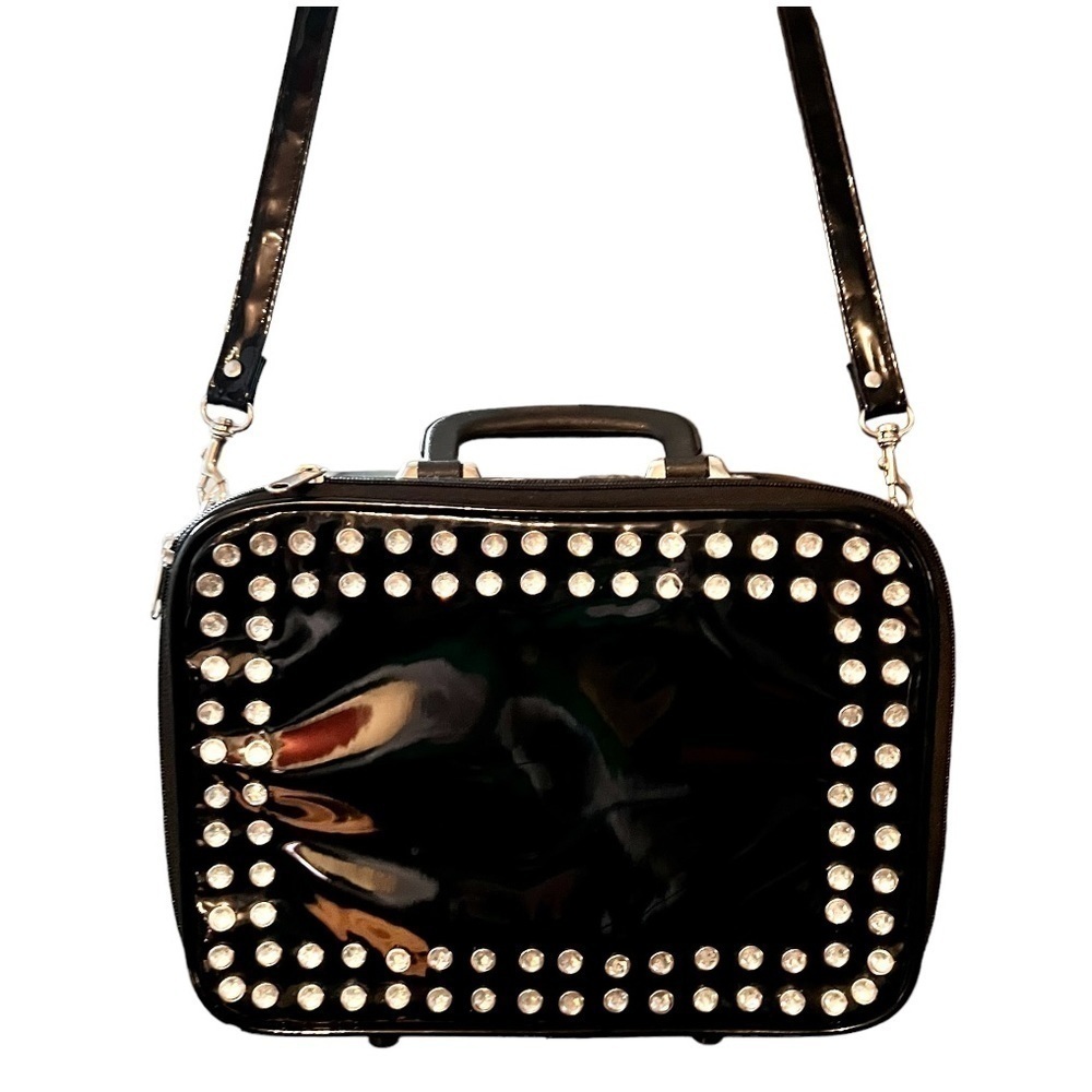 WOMEN’S Patent Leather Rhinestone Studded Zip Around Strap Handle Bag NWT